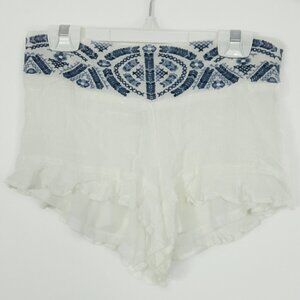 Coastal Cowgirl South Western Boho White Blue Ruffle Embroidered Shorts b20